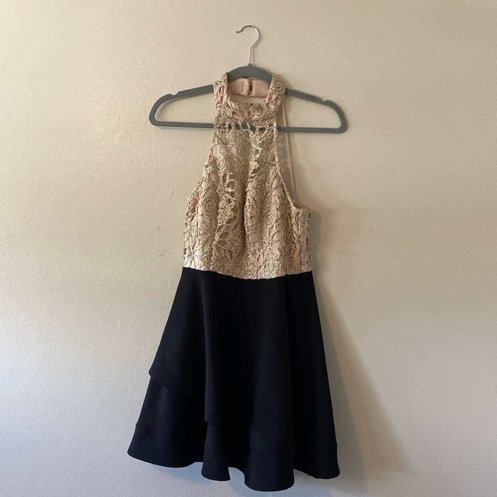 B Darlin Gold and Black Halter Dress
